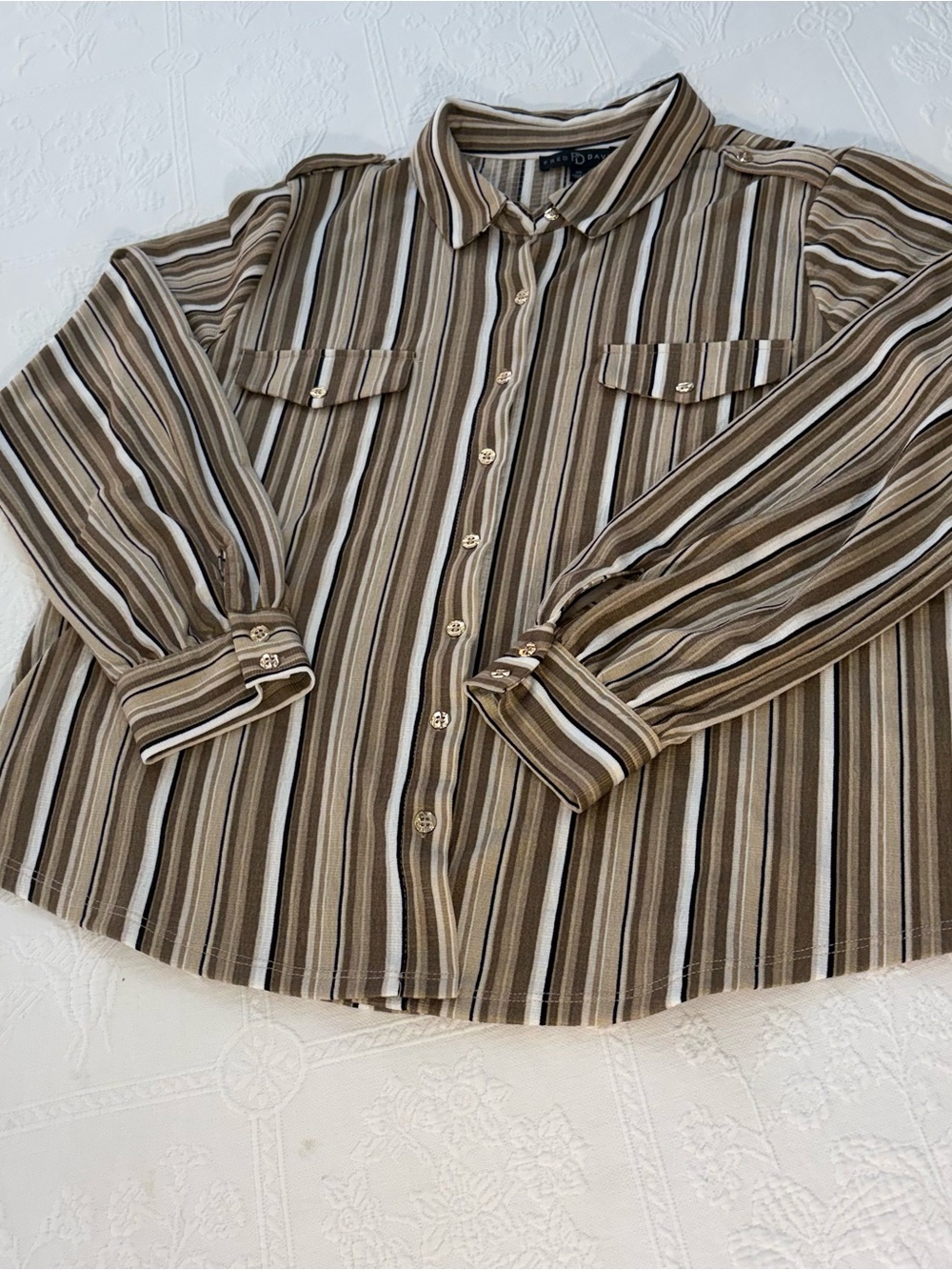Fred David Neutral Striped Button Down Blouse Top  Size XL